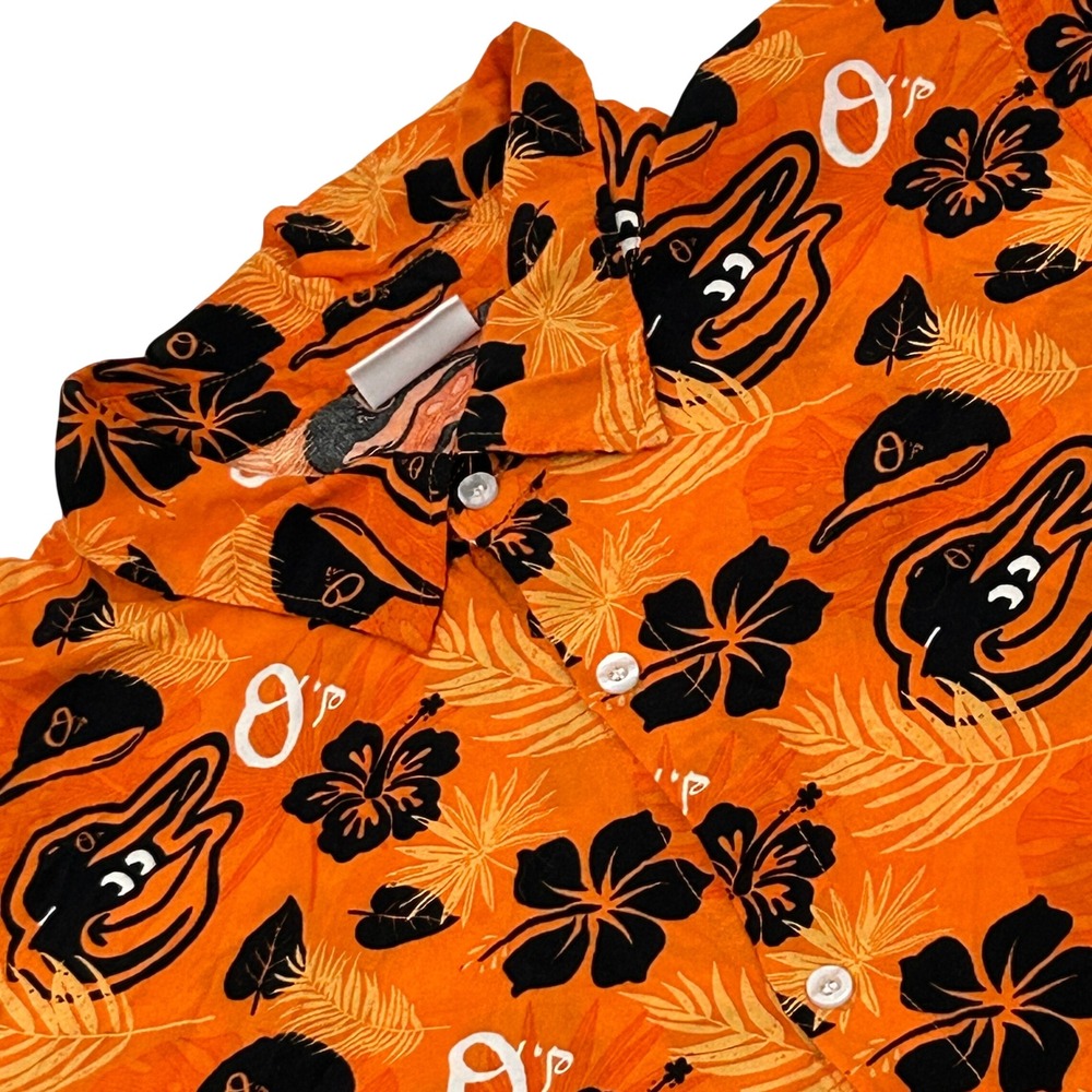 Baltimore Orioles Hawaiian Shirt Men Medium Orange Floral Tropical MLB Button Up